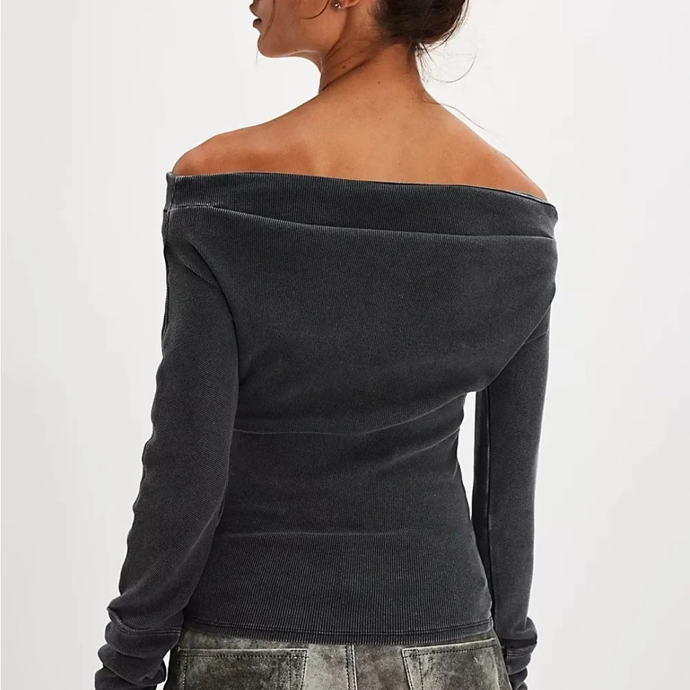 Free People Off-Shoulder Long Sleeve Top - Dark Gray - Picture 3 of 5